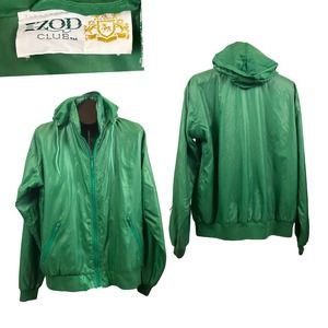 1980s Izod Nylon Wet Look Zip Up Hoodie Windbreaker Jacket / Men’s Large *